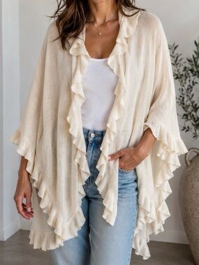 Claudia Nichole 100% Cashmere Poncho Cream Ruffle Trim Knit